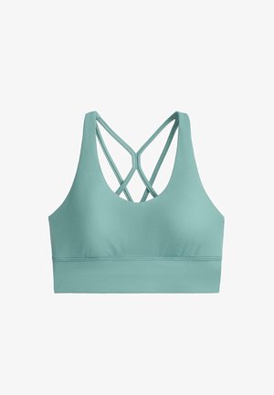Brassière de sport bleu clair avec encolure dégagée et doubles bretelles croisées dans le dos, tissu lisse et large bande sous poitrine.