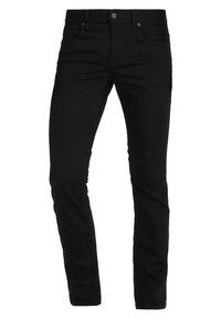 Black slim-fit jeans with five-pocket design, button closure, and belt loops, displayed against a white background.