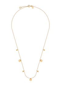 Naszyjnik z łańcuszka w odcieniu złota, charakteryzujący się połączeniem małych okrągłych dysków i sferycznych akcentów, o delikatnym, lekkim designie i regulowanym zapięciu.