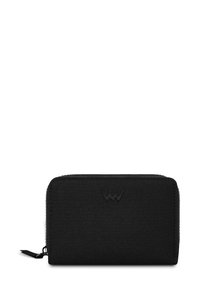 Black zippered wallet made of fabric with a smooth texture. It features an embossed logo on the front and a small zipper pull detail.