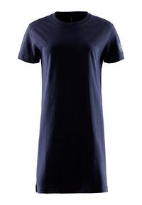 Granatowa bawełniana sukienka T-shirt, krótki rękaw, okrągły dekolt, prosty krój, szlice boczne na końcach, bez widocznych wzorów ani akcentów.
