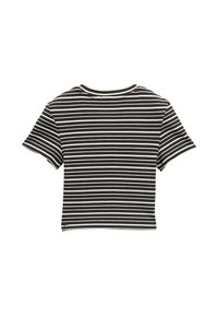 Czarny i biały w paski krótki T-shirt z krótkimi rękawami, wykonany z fakturowanej tkaniny. Posiada okrągły dekolt i subtelny detal na plecach.