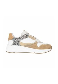 Sneakers met een mix van beige en wit leer, suède accenten en een leiddierprint op de hiel. Dikke witte zool, met een gestructureerd design.