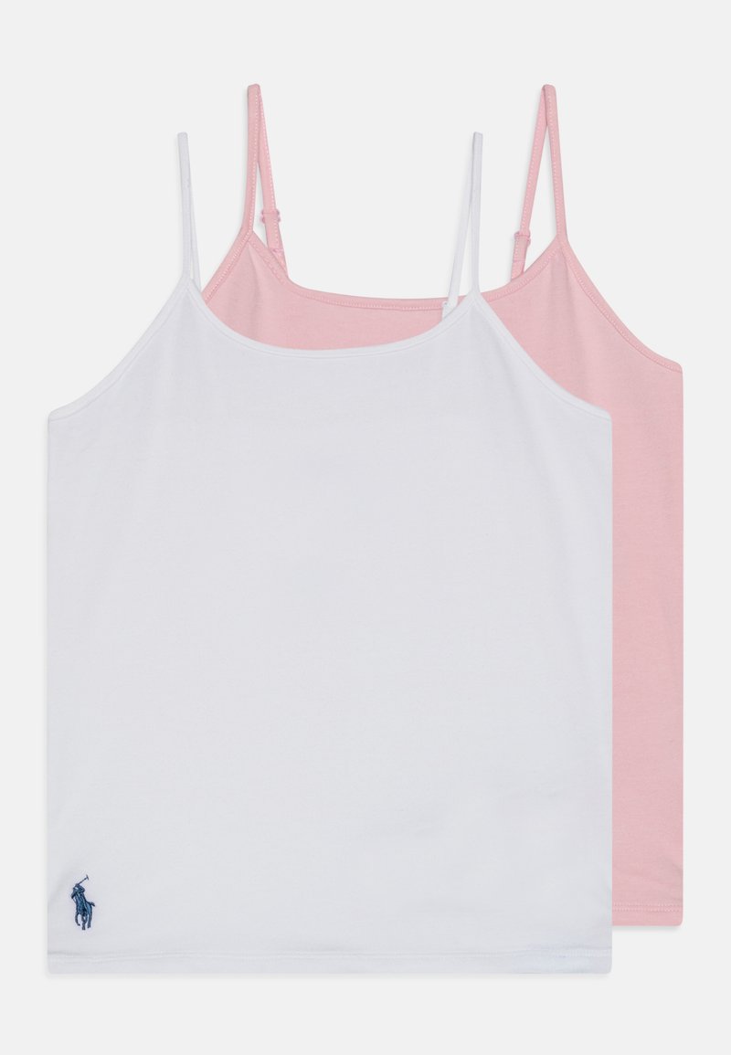 Dos camisetas de algodón: una blanca con un logo azul y otra rosa. Cada una cuenta con tirantes delgados ajustables y una textura simple y suave.