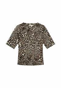 Kortærmet leopardmønster top med rund hals, blødt stof og en beige bund med sorte og brune pletter. Bølger på ærmernes kanter.