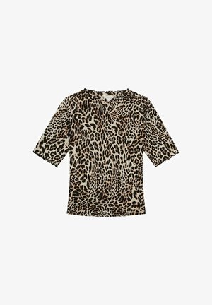 Korte mouwen met een luipaardprint top met ronde hals, zachte stof en een beige basis met zwarte en bruine vlekken. Golvende mouwranden.