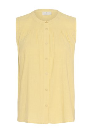 Gelbe ärmellose Bluse aus leichtem Stoff, mit rundem Kragen, Frontknopfverschluss und sanften Falten unter dem Schulterstück.