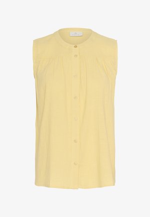 Blusa gialla senza maniche realizzata in tessuto leggero, con colletto arrotondato, chiusura frontale con bottoni e morbide pieghe sotto la yoke.