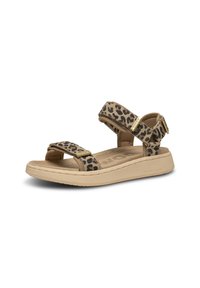 Sandalice s uzorkom leoparda s širokim podesivim trakama, bež gumenom potplatom, mekanim teksturiranim uloškom i zlatnim detaljima.