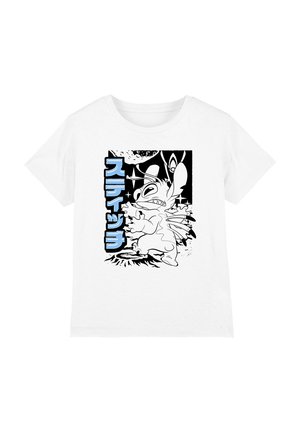 White cotton t-shirt featuring a black and white cartoon design with blue text, depicting a character with large ears and wings.