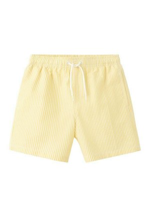 Shorts de bain rayés verticalement jaune et blanc avec taille élastique et cordon blanc, disposés à plat sur fond blanc.