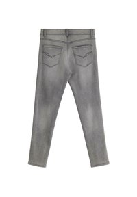 Grijze denim jeans met een slim fit, vijf-pocket ontwerp en contrasterende stiksels. Bevat achterzakken met gestikte details.