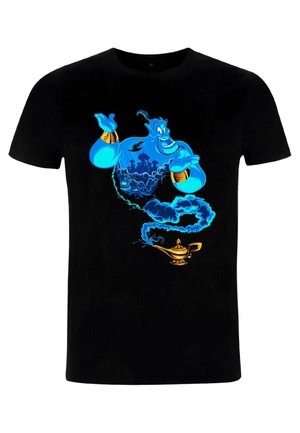 Black T-shirt featuring a vibrant blue genie with gold accents, emerging from a lamp, set against a dark background.