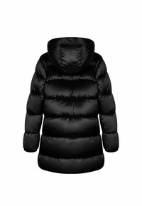 Abrigo puffer negro, cuenta con capucha, diseño acolchado con un ancho padding horizontal, textura lisa y brillante, y puños elásticos.