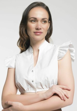 White cropped blouse with puff sleeves, delicate lace trim at the collar, and front buttons. Smooth fabric with a soft texture.