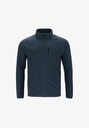 Veste en polaire bleu foncé avec un col haut, fermeture éclair complète et manches longues. Dotée d'une poche poitrine avec fermeture éclair et de détails de logo discrets.