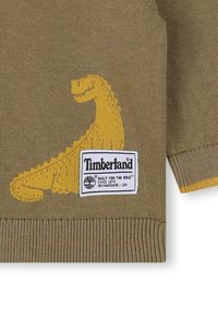 Zielony sweter z dzianiny z żółtą grafiką dinozaura i naszywką z logo Timberland. Żebrowane mankiety i dół z kontrastującym żółtym akcentem.