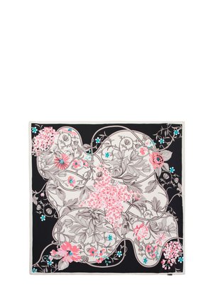 Foulard in seta stampato con disegni floreali in rosa, turchese e grigio su uno sfondo nero; bordato con un sottile bordo color crema chiaro.