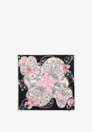Mustered Seidenschal mit floralen Designs in Pink, Türkis und Grau auf schwarzem Hintergrund; umrandet mit einem hellen cremefarbenen Rand.