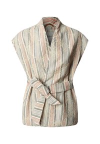 Top sin mangas tipo cruzado con rayas verticales en beige, gris y coral suave, con bordado floral y cinturón a juego atado a la cintura.