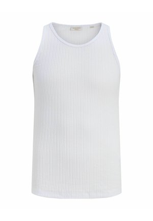 Bela bombažna brezrokavnik z rebrastim vzorcem in okroglim izrezom znamke Jack & Jones, prikazana na enobarvnem belem ozadju.