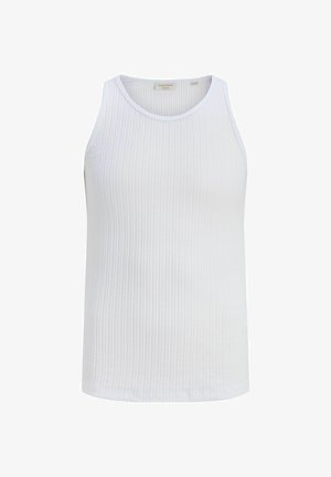 Bela bombažna brezrokavnik z rebrastim vzorcem in okroglim izrezom znamke Jack & Jones, prikazana na enobarvnem belem ozadju.