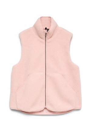 Gilet sans manches en polaire rose clair avec fermeture éclair avant, col montant et deux poches avant, soigneusement posé à plat sur un fond blanc.