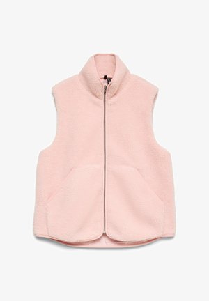 Lichtroze mouwloos fleecevest met rits aan de voorkant, hoge kraag en twee voorzakken, netjes plat gelegd op een witte achtergrond.
