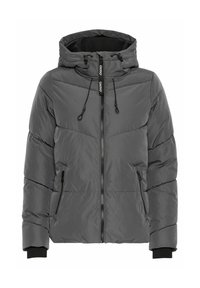 Veste grise matelassée avec capuche, dotée d'une fermeture éclair à l'avant, de deux poches latérales et de poignets en côtes. Texture lisse avec un design matelassé.