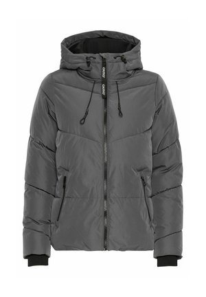 Veste grise matelassée avec capuche, dotée d'une fermeture éclair à l'avant, de deux poches latérales et de poignets en côtes. Texture lisse avec un design matelassé.