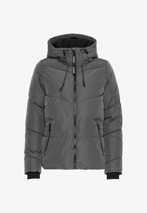 Hall värvi pehme voodriga jakk kapuutsiga, millel on ees tõmblukk, kaks külge taskut ja soonikkudud mansetid. Sile tekstuur, millel on kangasõmblustega disain.