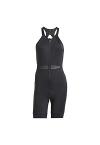 Black cycling onesie featuring a zip front, racerback design, and mesh detailing at the waist. Made from stretchable, breathable fabric.