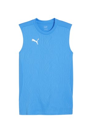 Blauw mouwloos sportshirt met een textuurdesign, gemaakt van lichtgewicht materiaal, met een wit Puma-logo op de borst.