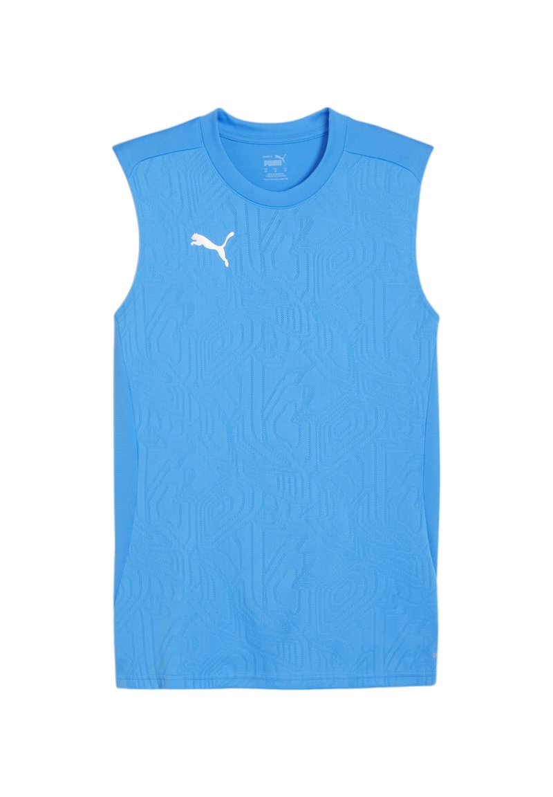 Blauw mouwloos sportshirt met een textuurdesign, gemaakt van lichtgewicht materiaal, met een wit Puma-logo op de borst.