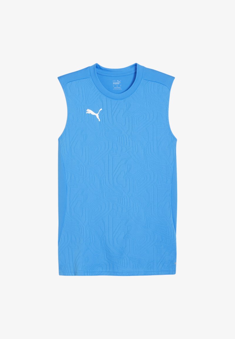 Blaues ärmelloses Sportshirt mit strukturiertem Design, aus leichtem Material gefertigt, mit einem weißen Puma-Logo auf der Brust.