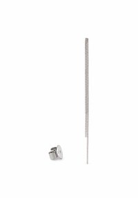 Silver metal rod with textured surface, standing vertically. A small cylindrical base is positioned beside it, reflecting a polished finish.