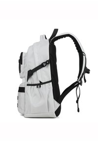Zaino bianco e nero, dotato di un tessuto strutturato, molteplici tasche, spallacci regolabili e un design elegante e moderno.