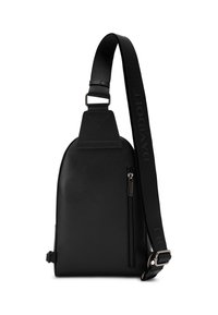 Schwarze Ledertasche mit glatter Oberfläche, diagonaler Form, verstellbarem Tragegurt mit geprägtem Logo und seitlicher Reißverschlusstasche.