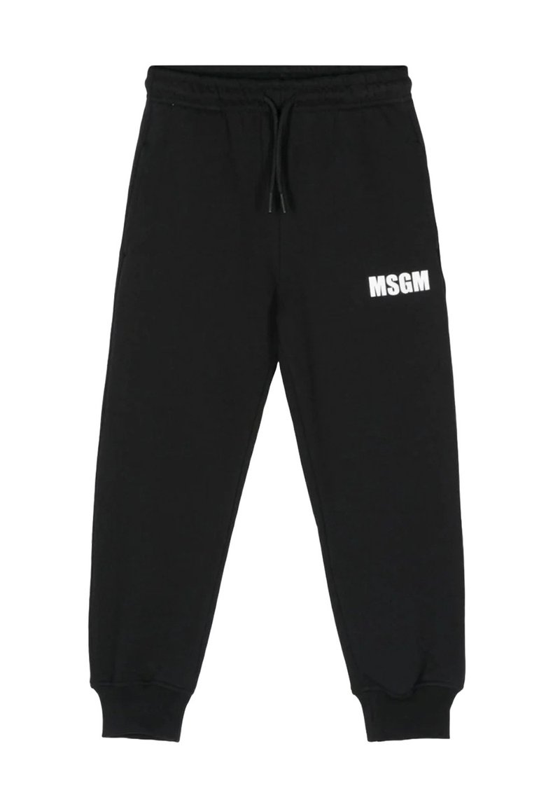 Pantaloni jogger neri in cotone, con vita elastica e coulisse, e logo bianco "MSGM" sulla coscia sinistra.