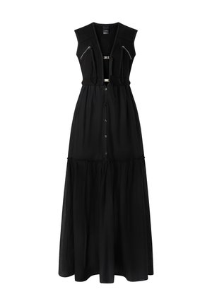 Abito maxi nero con corpetto aderente e tasche con zip, gonna svasata e parte anteriore con bottoni. Realizzato in tessuto leggero.