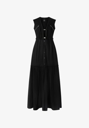 Abito maxi nero con corpetto aderente e tasche con zip, gonna svasata e parte anteriore con bottoni. Realizzato in tessuto leggero.