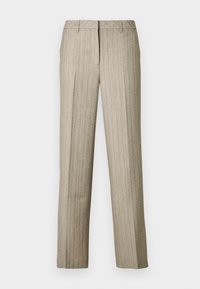 Pantalon beige à fines rayures avec une coupe droite, doté d'une ceinture structurée et d'une texture subtile sur l'ensemble du tissu.