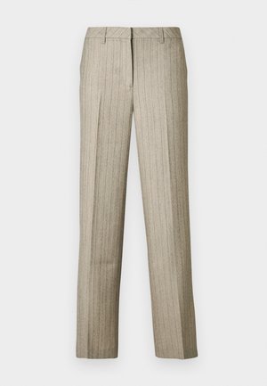 Pantalon beige à fines rayures avec une coupe droite, doté d'une ceinture structurée et d'une texture subtile sur l'ensemble du tissu.