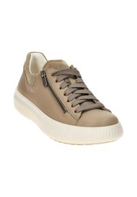 Beige Leder Sneaker mit grauen Schnürsenkeln, einem seitlichen Reißverschluss und einer weißen, strukturierten Gummisohle. Verfügt über einen Wildlederakzent an der Ferse.