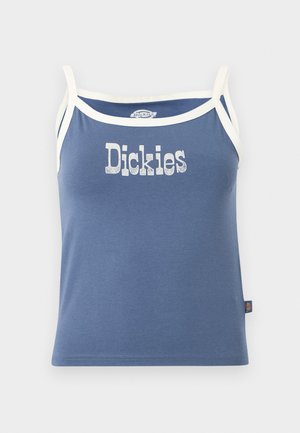 Modrý tielkový top bez rukávov s bielym lemom a nápisom "Dickies" v bielej farbe na hrudi, s malou značkovou visačkou na boku.