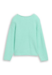 Minzgrüner Strickpullover mit lockerem Schnitt, überschnittenen Schultern und gerippter Struktur. Er hat einen weiten Rundhalsausschnitt und lange Ärmel.