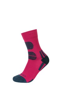 Calzino sportivo di un rosa acceso con punta, tallone e strisce di supporto dell'arco imbottite in grigio scuro rinforzato.