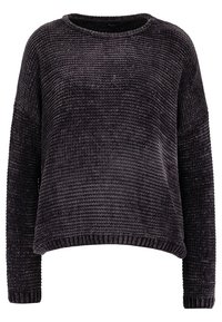 Suéter de punto gris oscuro con un acabado de canalé texturizado, escote amplio y mangas largas. Presenta una silueta corta y un dobladillo de canalé.
