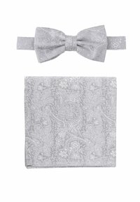 Grau farbige Fliege und Einstecktuch-Set mit aufwendigem Paisleymuster, strukturiertem Stoff und glatter Oberfläche. Geeignet für formelle Anlässe.