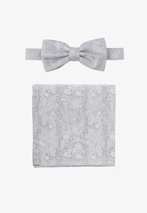 Gray bow tie and pocket square set featuring intricate paisley patterns, textured fabric, and a smooth finish. Suitable for formal occasions.
